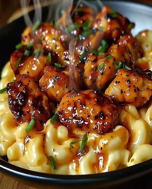 Fiery Honey Pepper Chicken over Lush Creamy Macaroni