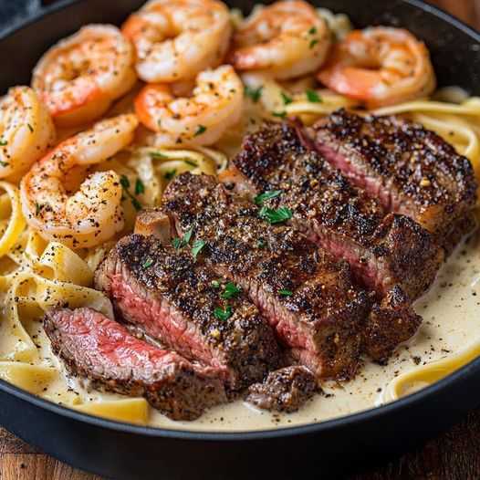 Blackened Steak and Shrimp Alfredo