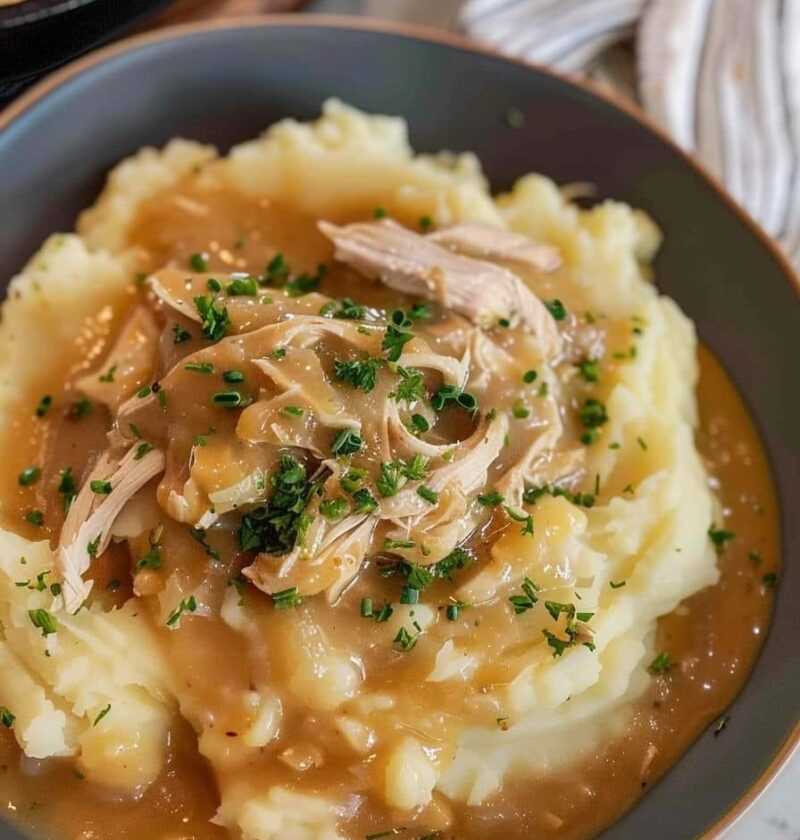 Shredded Chicken Gravy on Mashed Potatoes