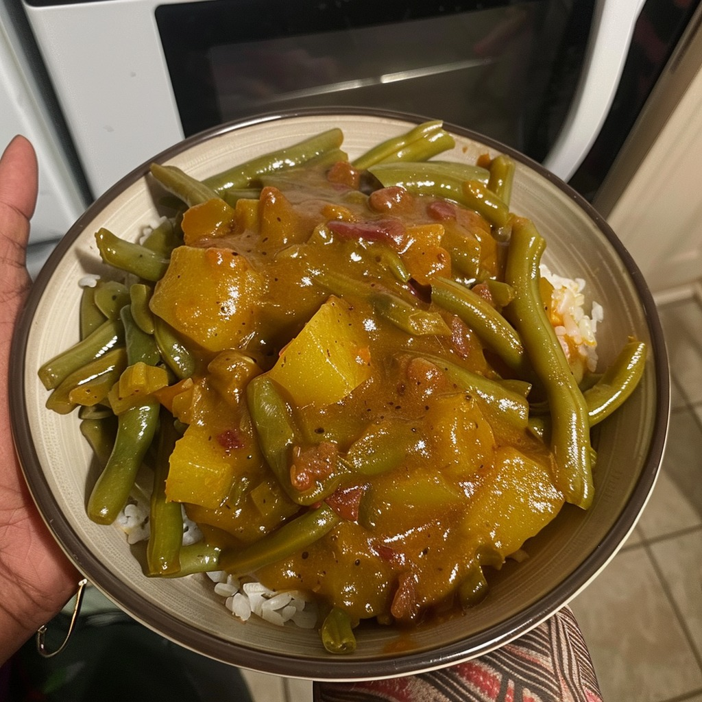 Vegan Spicy Smothered Green Beans Over Rice