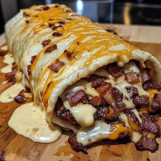 HUGE BACON CHEESEBURGER BURRITO WITH BACON TORTE AND CREAM CHEESE SAUCE